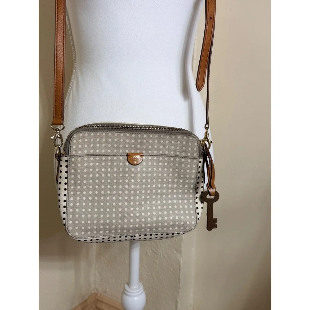 Fossil Polka Dot Coated Canvas Crossbody Bag Tan Leather Trim Triple Zip Pocket